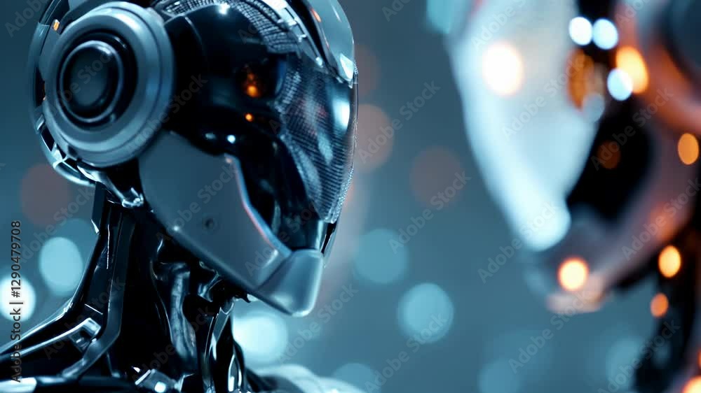 Poster advanced robotic evolution: futuristic ai robots in steady progression with glowing features