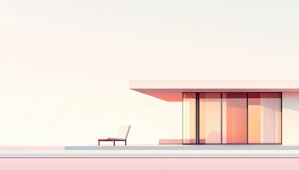 Minimalist modern house terrace with poolside lounge chair at sunrise