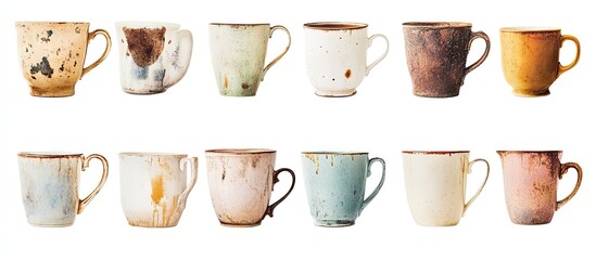 Set of twelve vintage ceramic coffee cups in various pastel colors and textures arranged in two rows on a white background.