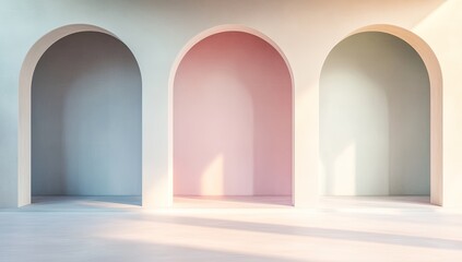 Pastel archways, sunlit interior, empty space, modern design