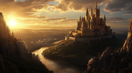 Naklejka premium Exquisite landscape showcasing a castle illuminated by the sun.
