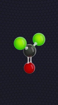 Molecule of Phosgene. Animated chemical 3D Model: Ball and stick. Molecular Formula: COCl2. Dark background. Seamless loop. Vertical screen. 3D rendering