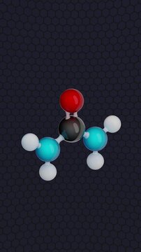 Molecule: Urea. Chemical Structure Model: Ball and stick. Molecular Formula: CH4N2O. Isolated on a dark background. Seamless looping Vertical video. 3D render.