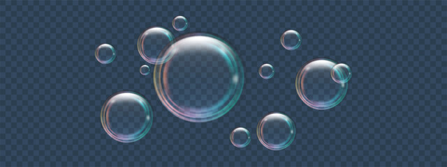 Soap bubbles different sizes on a dark transparent background. Realistic rainbow effect on shampoo and shower gel foam. Glare and reflexes on flying air bubbles. Vector illustration