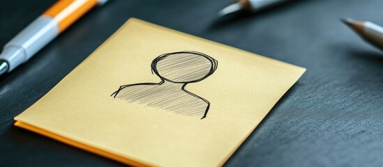 Empty sticky note with a sketched silhouette of a person on a dark surface, accompanied by pens in vibrant orange and silver tones.