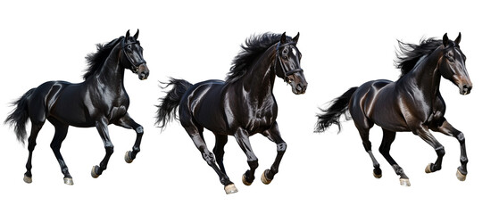Three Majestic Black Horses Running Isolated on White Background