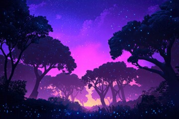Forest scene at dusk with vibrant sky and glowing fireflies for nature backgrounds