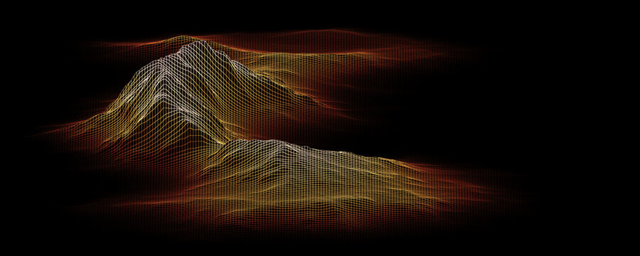 Visualizing temperature on landscape using a heat map on 3D grid terrain. Copy space. Isolated on black background. 3d illustration.