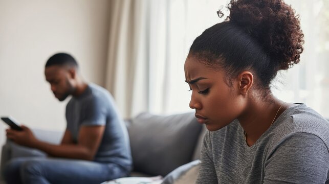 Relationship tension in a small apartment with a couple sitting on a couch. Featuring silent discontent and emotional isolation