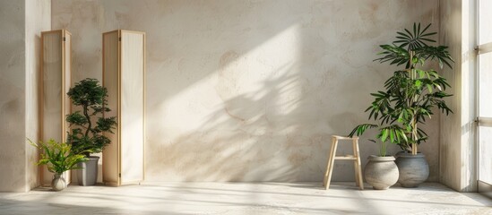 Bright minimalist room featuring a wooden folding screen on the left, a step stool on the right, and lush green plants in decorative pots against a light wall.