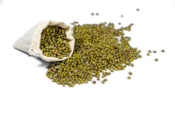 A sack of Mung beans, green beans, dried seeds, isolated on white