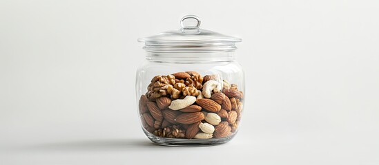 Glass jar filled with assorted nuts including almonds, walnuts, and cashews, positioned center on a light gray background with soft lighting.