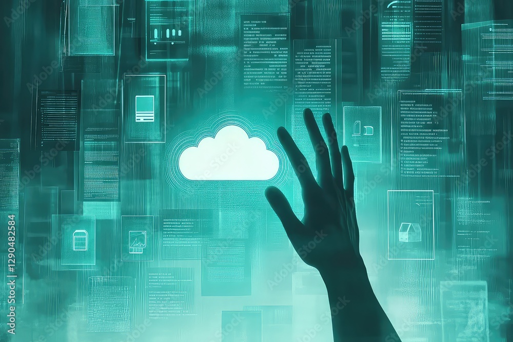 Wall mural a hand reaching towards a floating cloud technology symbol, surrounded by an array of digital files 