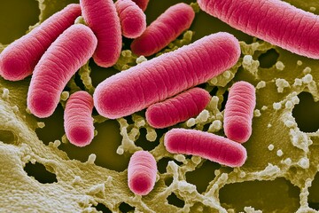 Microscopic view of e. coli bacteria on porous surface