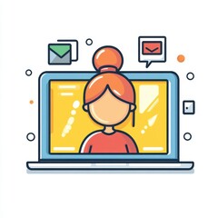 Young Woman Engaging with Laptop in Colorful Digital Environment