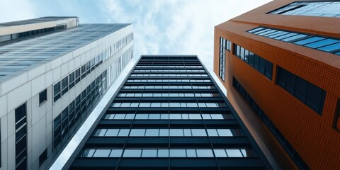 Fototapeta premium Upward view of modern skyscrapers against a cloudy sky