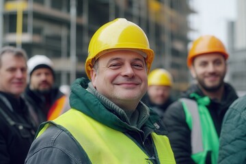 Smiling construction workers wearing hard hats and safety vests are standing together at a construction site