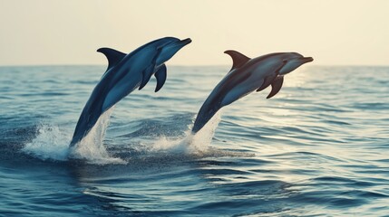 Fototapeta premium Two dolphins leap from the ocean's surface.