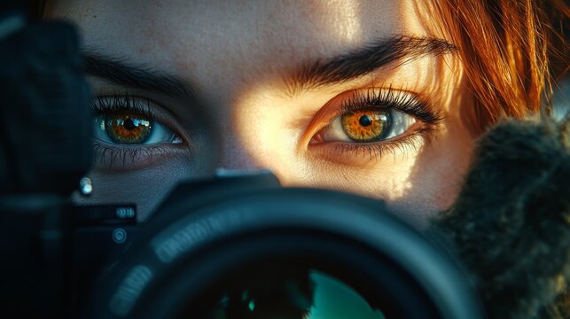 A close-up portrait of a photographer at work, eyes peering through the camera as they capture the perfect shot, with natural light around them