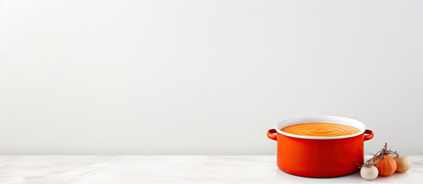 Creamy carrot soup in a vibrant red pot on a smooth white countertop with fresh ingredients surrounding it, perfect for food photography and ads - Powered by Adobe