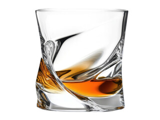 Elegant Twisted Whiskey Glass with Amber Liquor, Crystal Clear Glassware, Modern Design, Luxurious Drinkware, Sophisticated Beverage Glass
