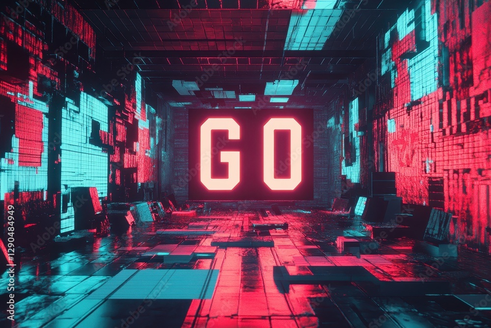 Poster ready set go display with glitch effects in a futuristic digital room environment, ready set go type