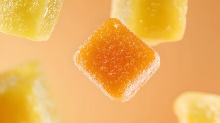 Delicious fruity gummy candies falling against a warm orange background