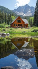 Obraz premium Serene Mountain Cabin Reflected in a Crystal-Clear Lake