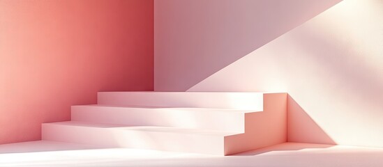 Modern minimalist interior featuring soft pink and white walls with three ascending steps, creating a serene and spacious atmosphere.