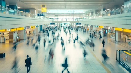 Blurred Crowd at Bustling Airport Terminal with Motion Blur Effect