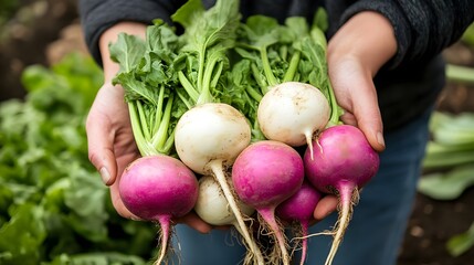 Freshly Harvested Colorful Turnips Radishes Held in Hands Organic Farm Produce
