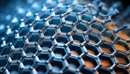 Fototapeta premium Extreme close-up of graphene nanostructures under a scanning electron microscope, revealing their complex, hexagonal patterns and atomic-scale precision.