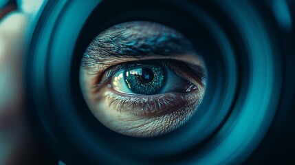 Close-up portrait of a photographer concentrating while using a digital camera, their face in sharp focus with a soft, faded background