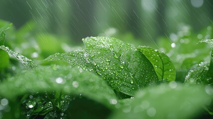 Rain drops on lush green leaves, plants thriving in downpour