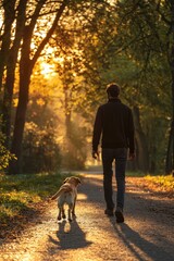 A man takes a peaceful evening walk with his dog along a tree-lined path, The dog happily wags its tail with every step, Generative AI
