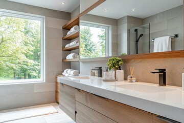 Modern bathroom design cozy retreat interior space serene environment wide angle comfort concept