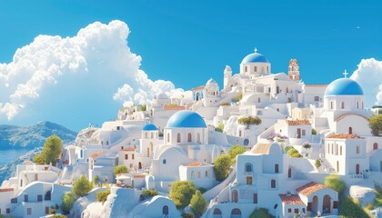 Naklejka premium Santorini village vista with white buildings, blue domes, travel backdrop