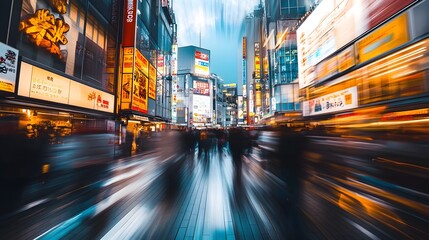 Obraz premium Blurred Motion in a Vibrant Japanese City at Night with Neon Lights and Advertisements