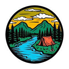 Cartoon Scenic Camping Landscape Mountain River Tent Trees Vector Art