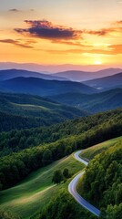 Serene Mountain Sunset Landscape with Winding Road