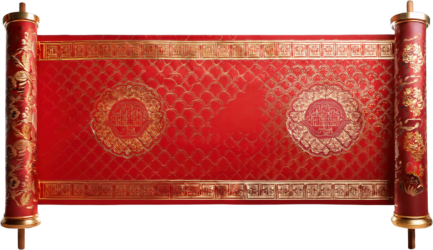 Elegant Red Chinese Scroll with Gold Filigree and Intricate Designs Asian Culture