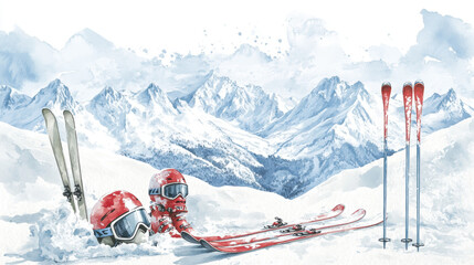 Skiing equipment in snowy mountains with skis, poles, and helmets