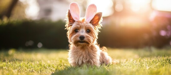 Charming small dog wearing pink bunny ears sitting on green grass in warm sunlight, exuding a playful and adorable demeanor in outdoor setting.