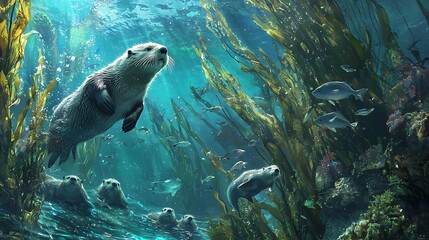 Fototapeta premium Underwater Scene with Playful Sea Otters Surrounded by Vibrant Kelp Forest and Marine Life