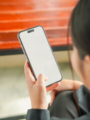 People Business. Beautiful Asian businesswoman working online phone in cafe, work from home. Businesswoman using phone. Employee make marketing budget plan, small business accounting. Happy people 