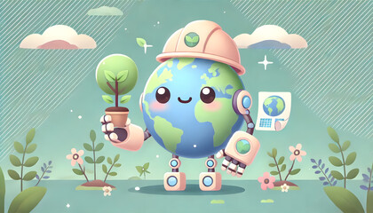 Naklejka premium Earth day concept. Cartoon mascot character. Cute Cartoon Illustration of Planet Earth. Earth Day celebration and Climate Awareness