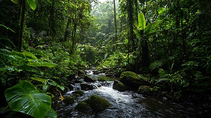 Obraz premium Serene Tropical Rainforest Landscape with Flowing Stream and Lush Green Foliage