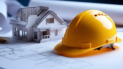A yellow hard hat beside a scale model of a house on top of architectural blueprints. Concept Construction Planning, Architectural Models, Hard Hat Safety, Blueprint Design, Home Building Process