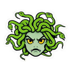 Cartoon Medusa Sticker Green Snakes Hair Yellow Eyes Angry Greek Mythology Art