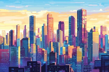 Obraz premium Vibrant skyline of a bustling city filled with skyscrapers during sunset, City with many skyscrapers, business centers